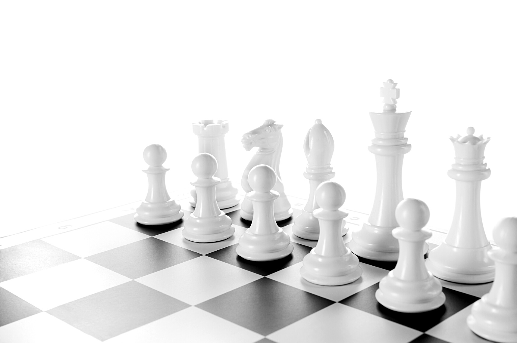 Team, White Chess pieces on chess board, black and white
